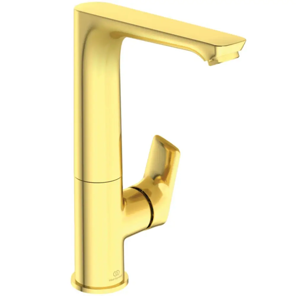 Ein goldfarbener Wasserhahn von Ideal Standard mit einem schwenkbaren Auslauf und einem Hebel zur Regelung des Wasserflusses.